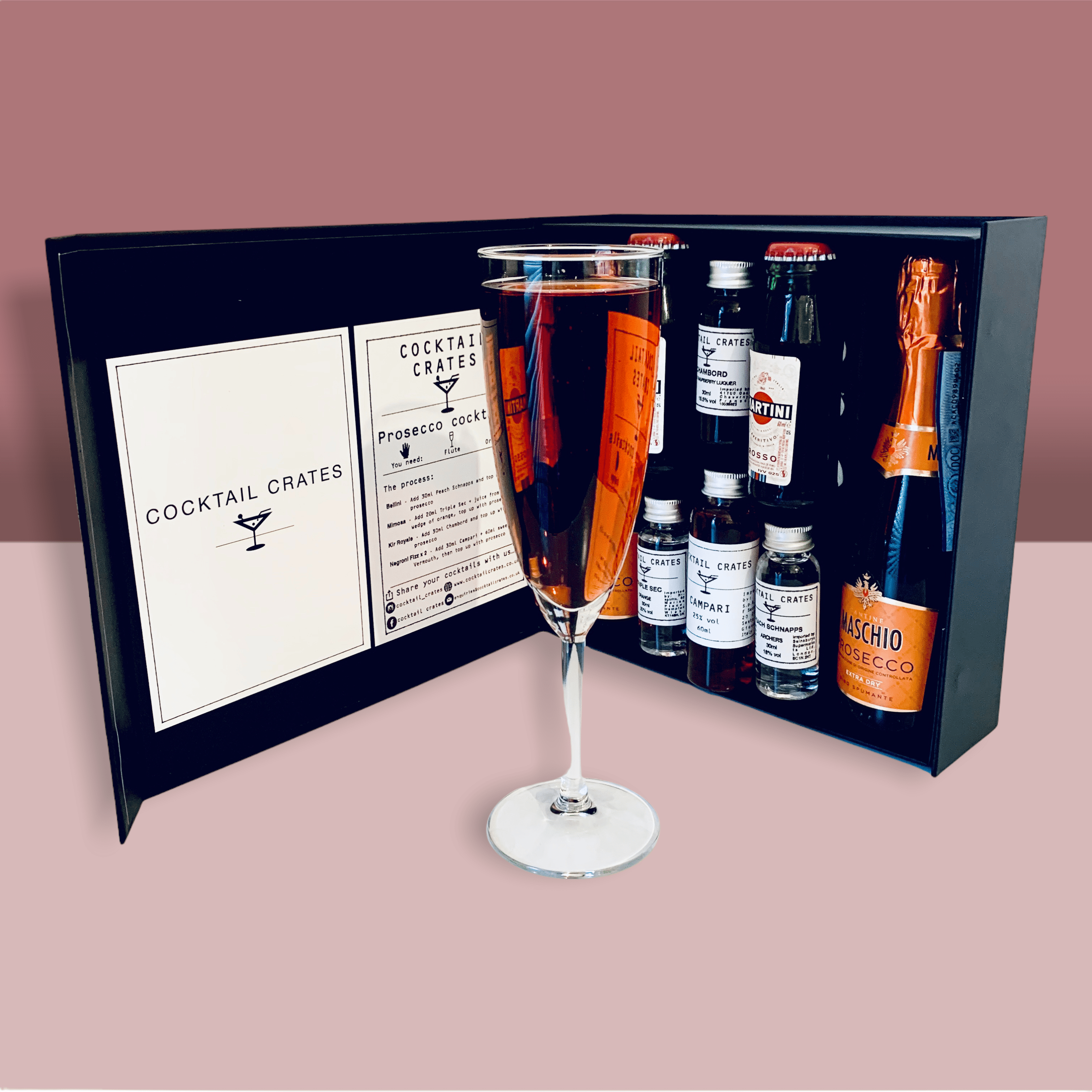 Prosecco cocktail Gift Set Bellini, Mimosa, Kir Royale, Negroni Fizz